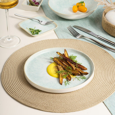 Paros-Aqua Premium Porcelain Short Rim Stackable Round Plate, Aqua | Microwave & Dishwasher Safe