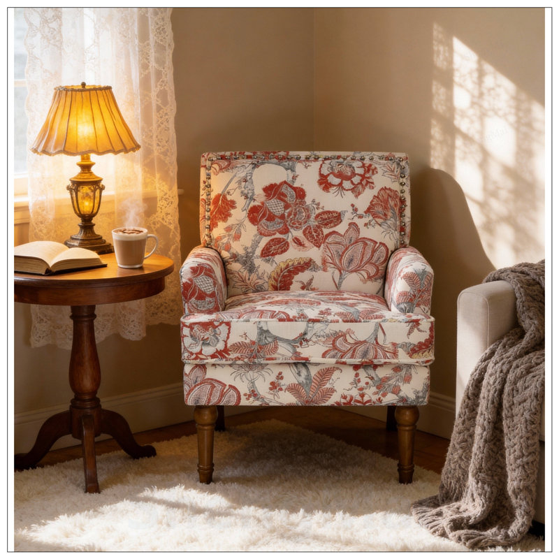 Chaise d'appoint rembourrée florale avec garniture cloutée et pieds en bois massif Vibrant