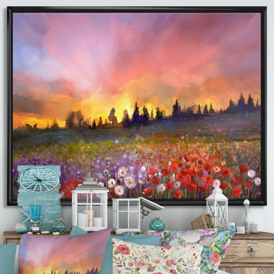 «Sunset Meadow Landscape, Poppy Dandelion and Daisy», reproduction d'art sur toile