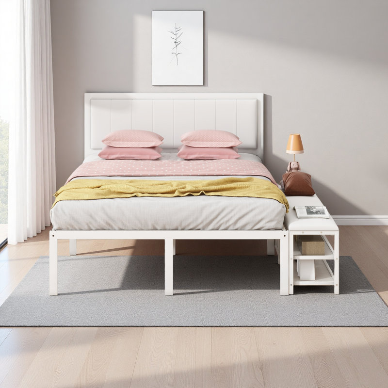 Lit plateforme en métal avec tablettes de rangement à deux niveaux, armoire de rangement en bois, Blanc, Lit double