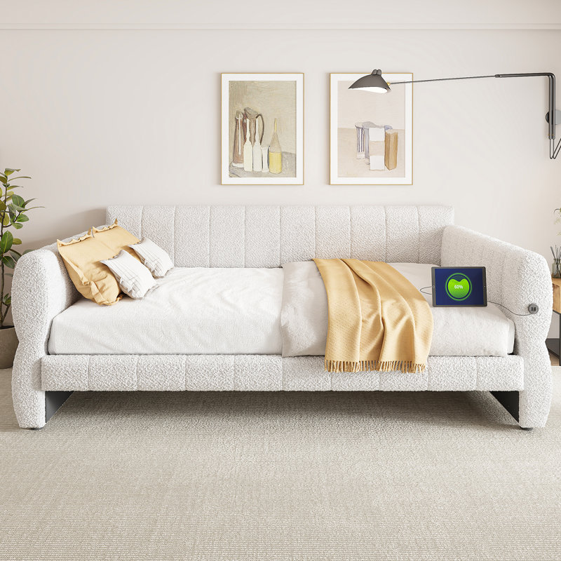 King Size Upholstered Platform Bed with USB Charging, Lambswool, Elegant Modern Bedroom Furniture, White, White
