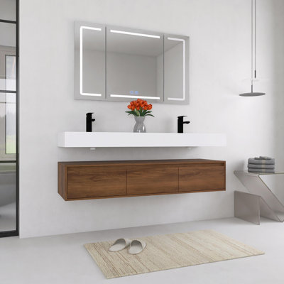 Double meuble-lavabo mural avec lavabo en résine, 3 tiroirs à fermeture en douceur, fixation à flotteur