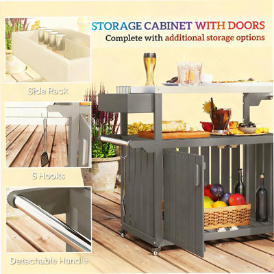 Plateau de table extérieur pratique, chariot-bar extérieur avec rangement, îlot de cuisine à roulettes pour la préparation des aliments