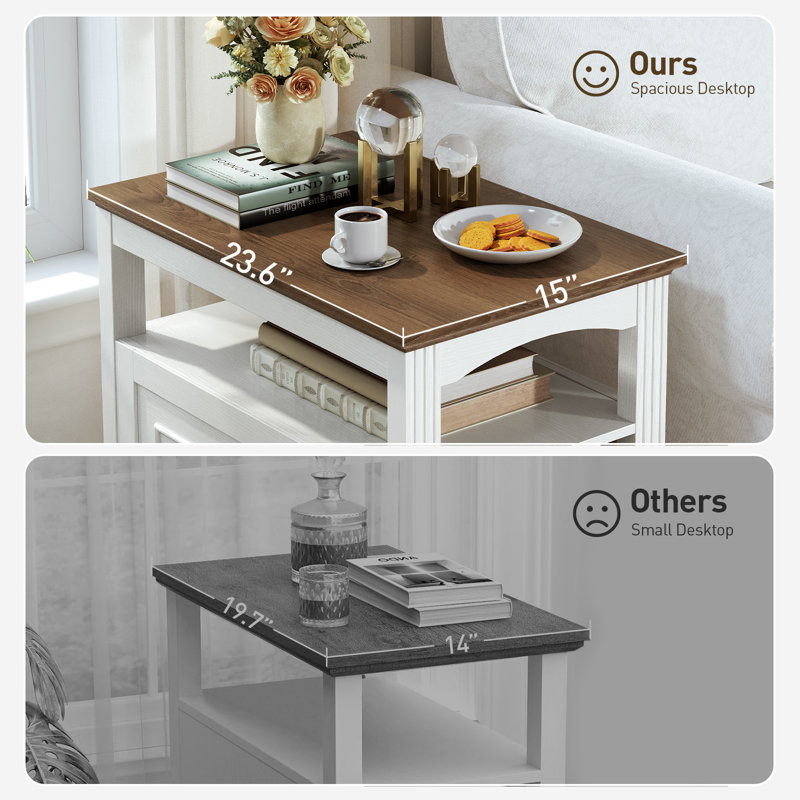 Table de bout 24,6 po avec 2 tiroirs, table d'appoint étroite avec rangement et tablette ouverte 24,6 po