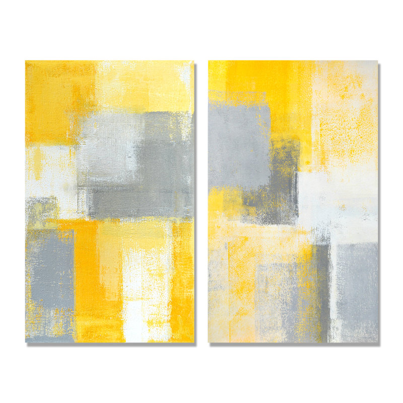 «Gray Meets Yellow Abstract Art», ensemble de 2 peintures sur toile, Toile tendue, H 32 po x l 32 po x P 1 po