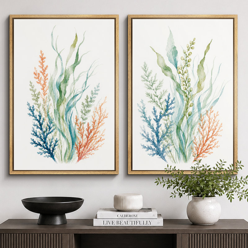 Seaweed Coral Botanical Art, Bathings, H 24 po x l 32 po x P 1,5 po, Cadre naturel