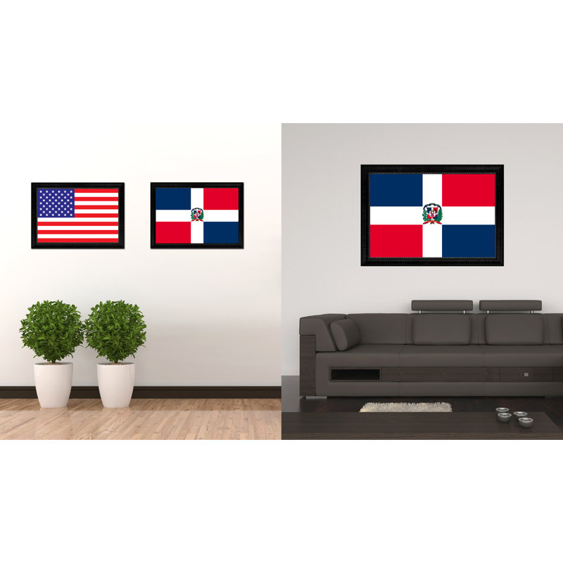 Drapeau de la république dominicaine sur toile, H 19 po x l 27 po x P 1 po, Encadrement noir