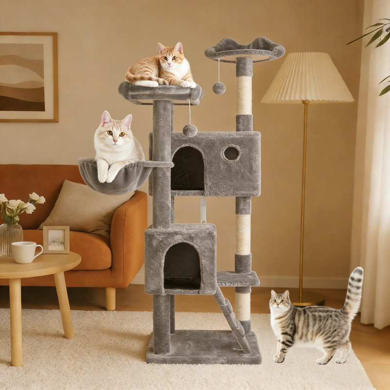 Arbre à chat 64 pouces avec plusieurs condos et poteaux à griffer, Gris clair