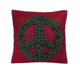Hand Felted Wool Pillow – Green Peace Sign On Red – 20"