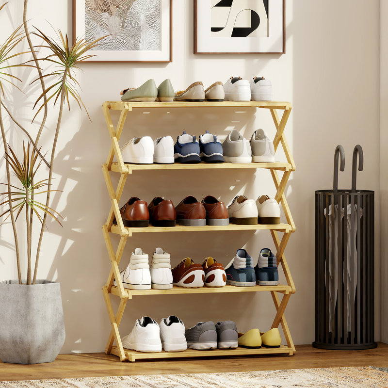 HOMCOM Bamboo Shoe Rack, Folding Shoe Shelf, 88cm H x 60cm W x 29cm D
