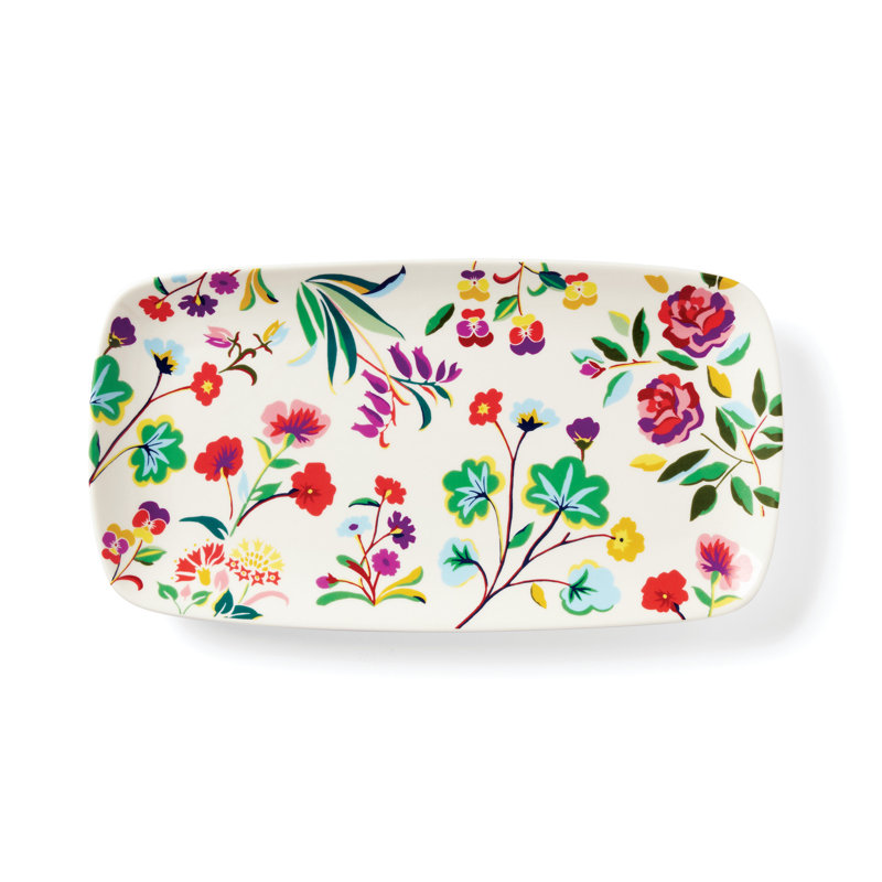 White Floral Painted Stoneware Rectangular Serving Tray