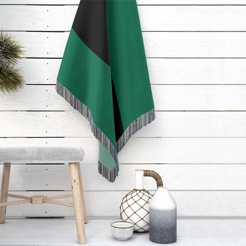 Hand Woven Throw Blanket, 37" x 52", Victory Green/Black/Victory Green, Fleece