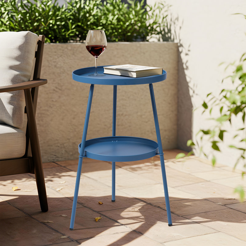 Round 2 Tier Patio Small Side Table, Metal Coffee Table For Indoor Outdoor, Blue, Blue