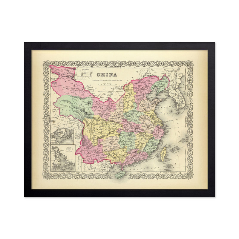 Carte de la Chine, Cadre noir, Affiche, H 24 po x l 32 po