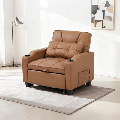 3-in-1 Convertible Sleeper Chair Bed - Modern Pull-Out Sofa Bed with Adjustable Backrest, USB Charging Ports, Cup Holders & Side Pockets, Ideal for Living Room, Bedroom, Brown