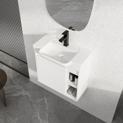 Meuble-lavabo mural avec lavabo en céramique blanche