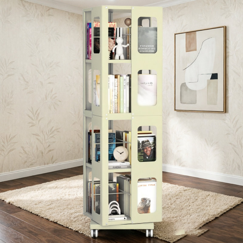 4-Tier All-Steel Rotating Bookshelf With 360° Wheels, Yellow