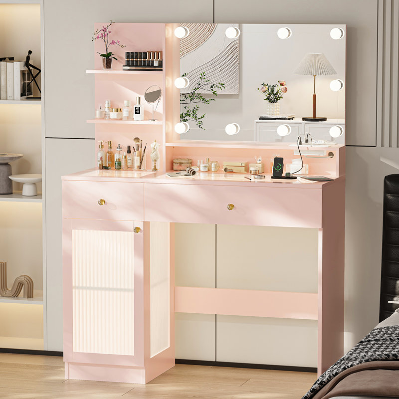 40" Modern Makeup Vanity Desk with LED Mirror, Glass Top, Storage Drawer & Glass Cabinet, 3 Light Modes, Power Outlet - Perfect for Bedroom