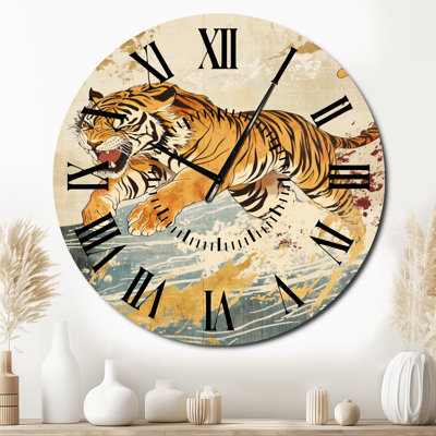 Tiger in Midair - Rustic Round Metal Wall Clock
