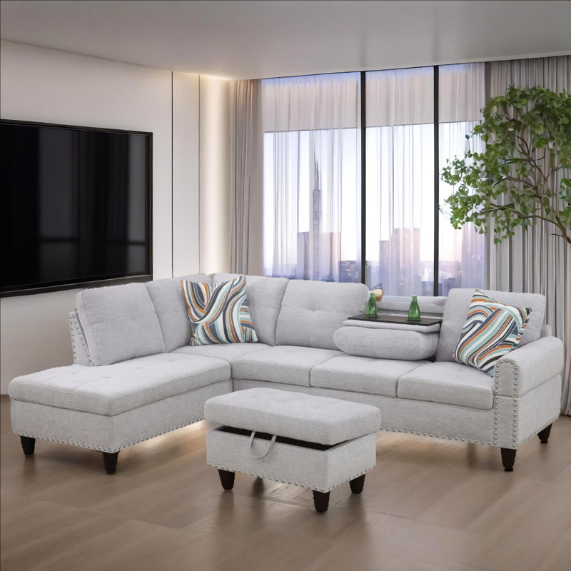 Ensemble de salon modulaire en flanelle 3 pièces Haven, Orienté à gauche (vu de face), Microfibre / microsuède blanc