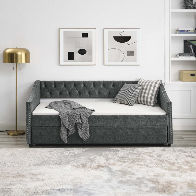 Lit de jour avec lit gigogne simple, Gris, Lit simple