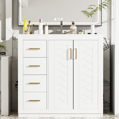 Armoire de salle de bain 36 po avec lavabo en céramique, structure en bois massif, charnières, 3 tiroirs, rangement spacieux, motif rainuré unique, poignée en métal exquis, style rétro, glissière de tiroir lisse, facile à assembler,