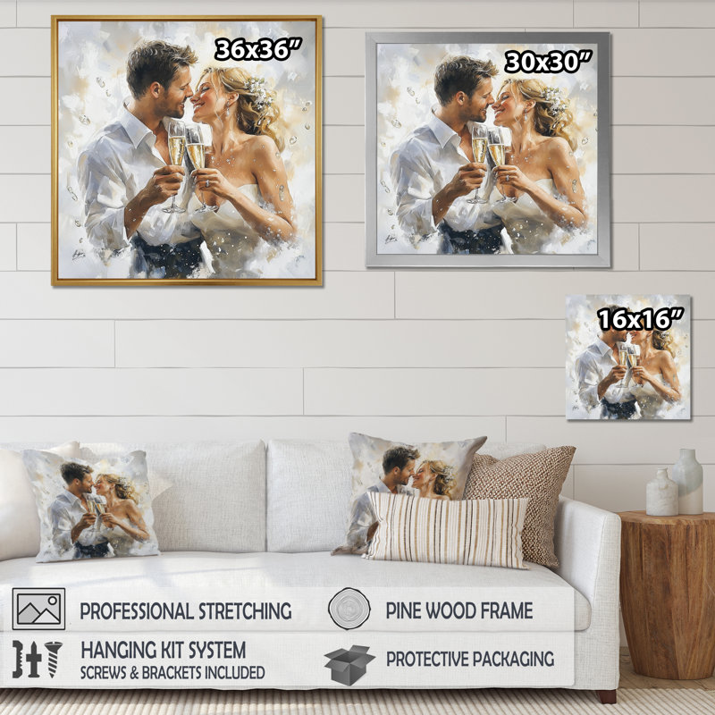 Couple, mariage, champagne, toast - Celebrate Motivation, impression d'art mural, H 16 po x l 16 po, Noir