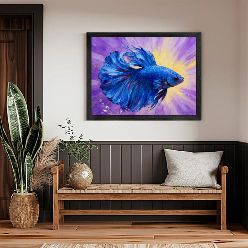 Art encadré noir avec poisson bleu, impression impressionnante de peinture aquatique impressionniste, H 9 po x l 11 po