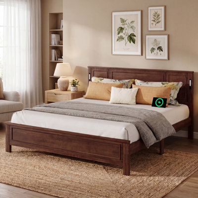 76.6" King Size Wooden Bed Frame Built-in LED Lights and USB Charging Station, Walnut