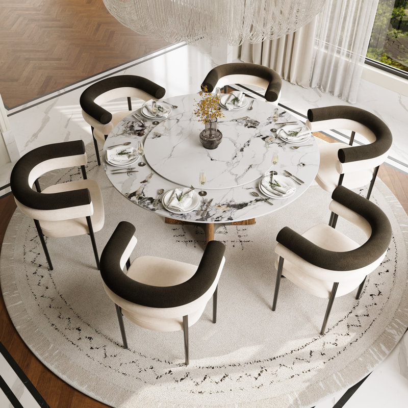 Ensemble de salle à manger 7 pièces rond avec plateau tournant, table de salle à manger moderne en pierre frittée de 51 po avec base en bois massif et acier inoxydable et 6 fauteuils rembourrés