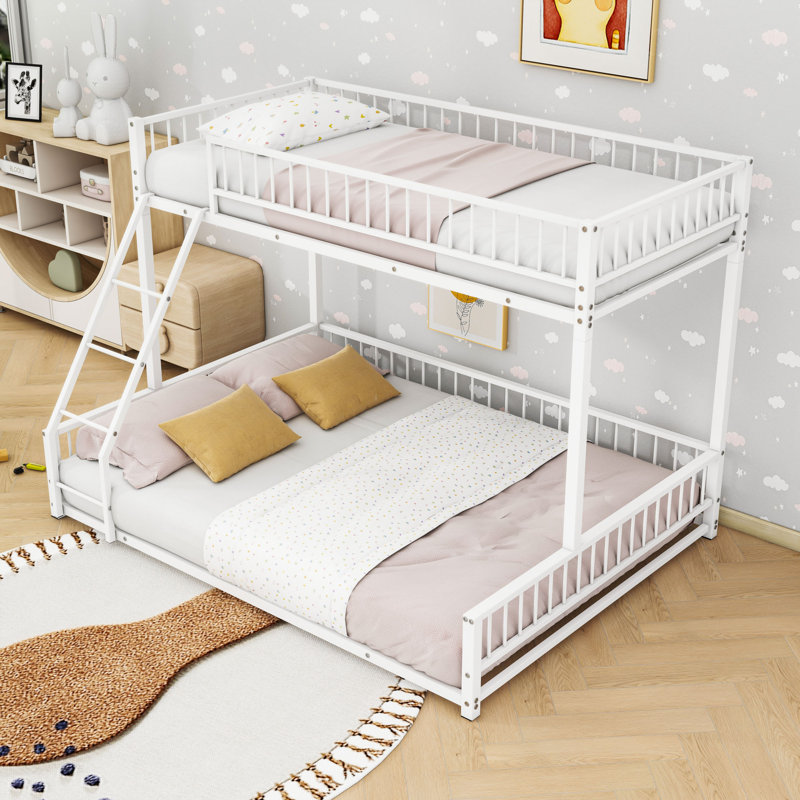 Bunk Bed Frame With Ladder And Guardrails, Twin Extra Long Over Queen, White