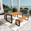 Ensemble de table de salle à manger de patio 3 pièces avec 2 bancs, plateau en bois d'acacia et structure en acier robuste, texture unique pour une surface intérieure et extérieure résistante aux intempéries