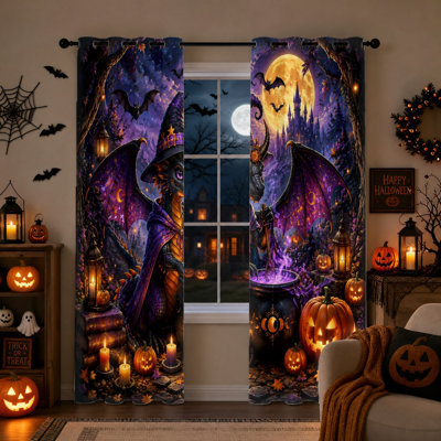 2Pcs Halloween Dragon Witch Hat Blackout Curtains, Whimsical Fantasy Gothic Art Thermal Insulated Noise Reducing Window Drapes, Room Darkening Thermal Insulated Light Blocking Panels for Bedroom, Living Room Decor, Halloween, Party