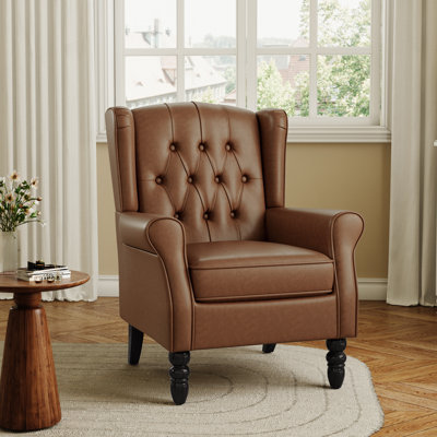 Duward Faux Leather Brown Button Tufted Wingback Accent Chair with Rolled Arm and Thick Padded Cushion