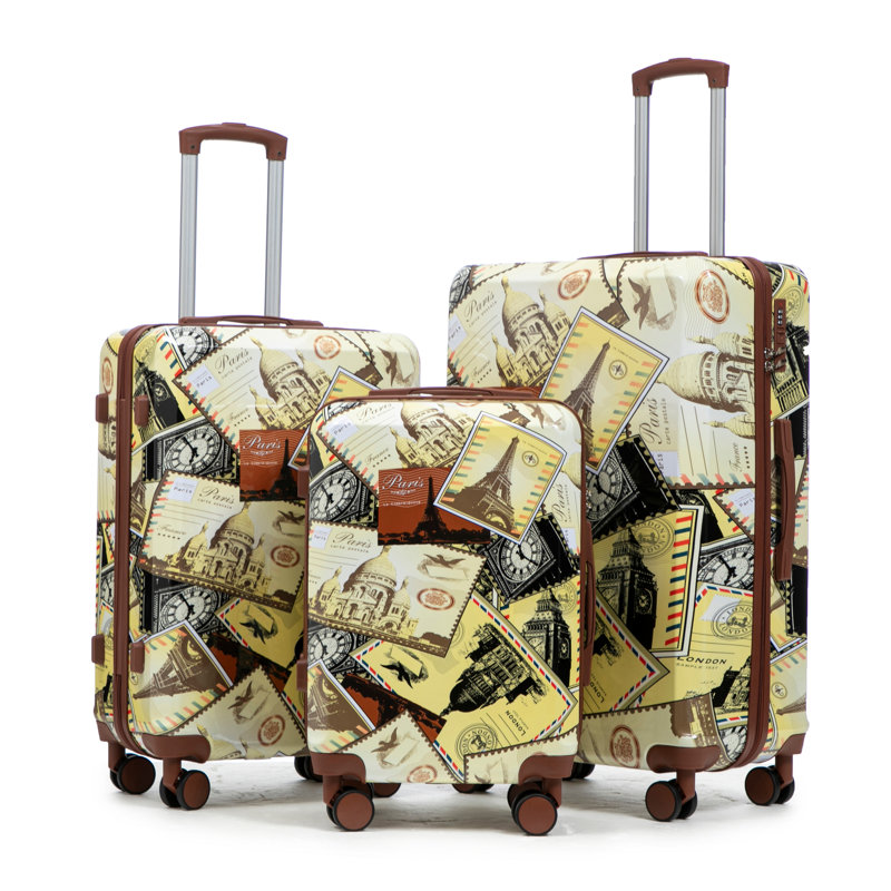 Ensemble de 3 valises pivotantes avec roues silencieuses et motif imprimé, Black+Vintage