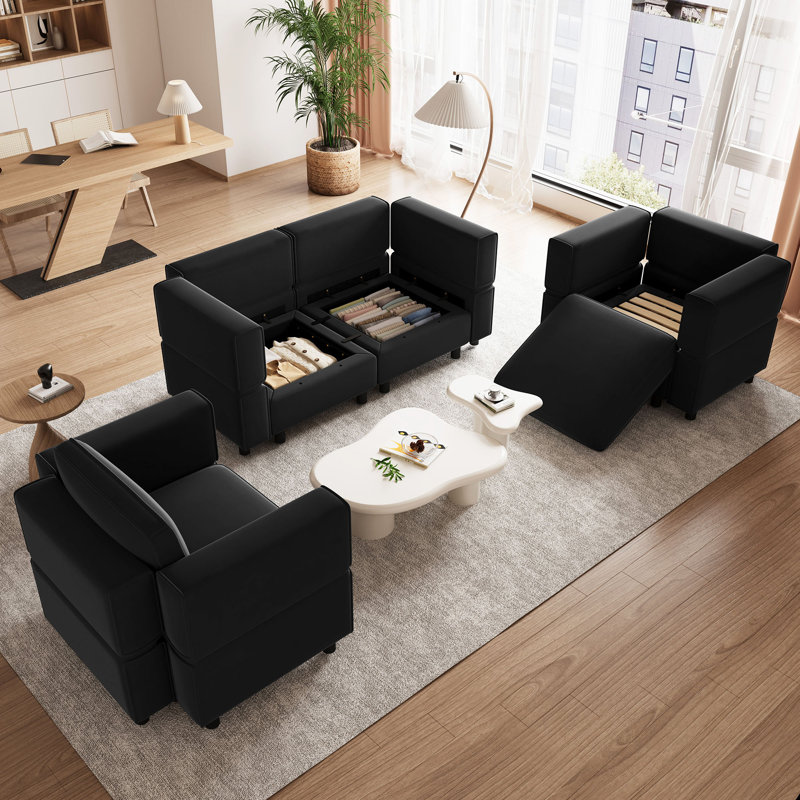 Ensemble de salon modulaire rembourré Elda, Velours noir