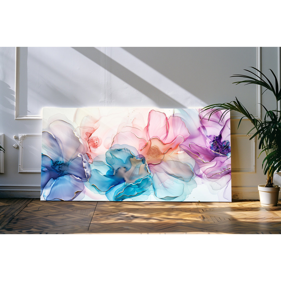 Wandbild 120x60cm Blüten Blumen Hell Kunstvoll Blau Rot