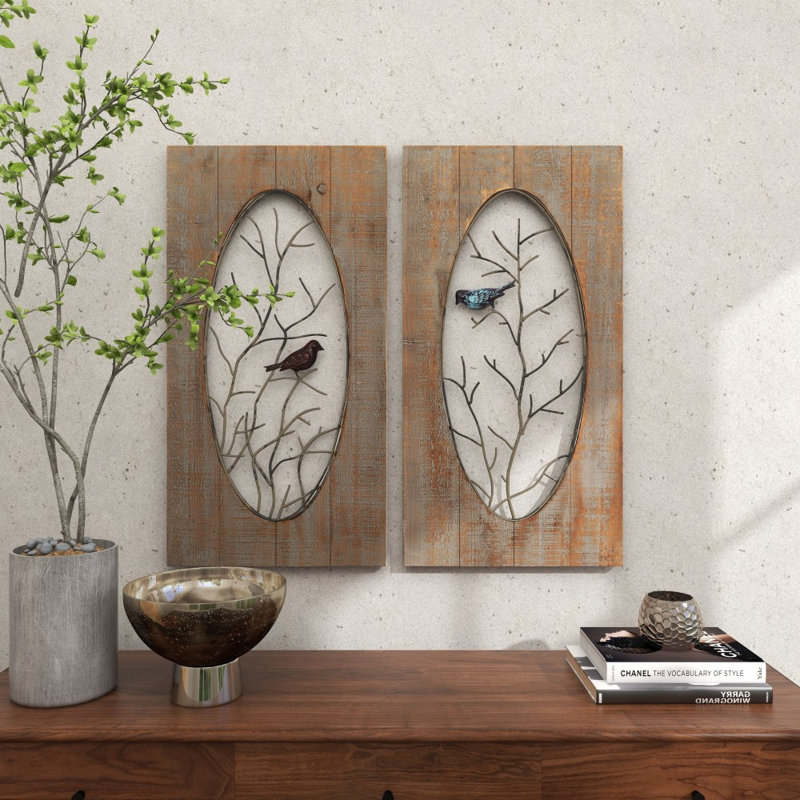 Wood Bird Brown Wall Decor with Tree Branches