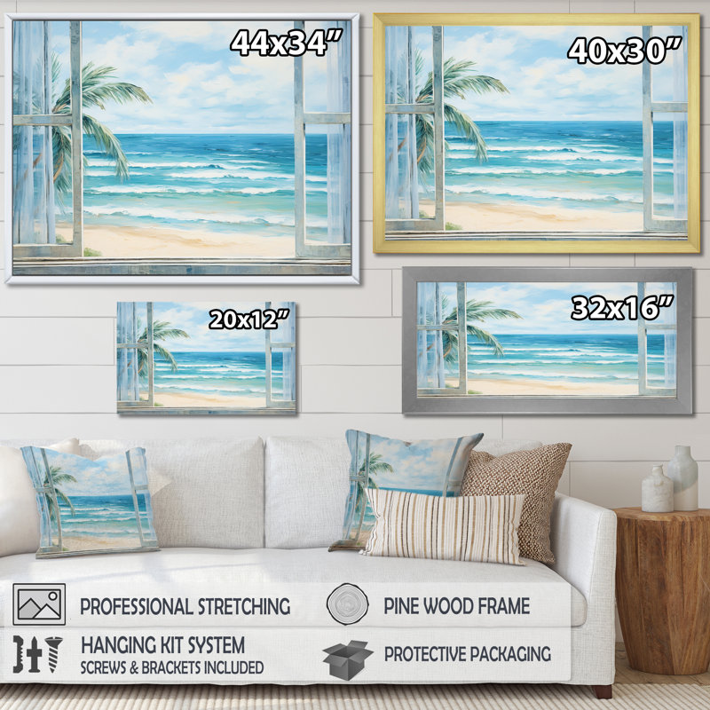 «Tranquility Beachside Windows Horizon III - Coastal Windows», art mural, H 12 po x l 20 po x P 1 po, Cadre flottant brun