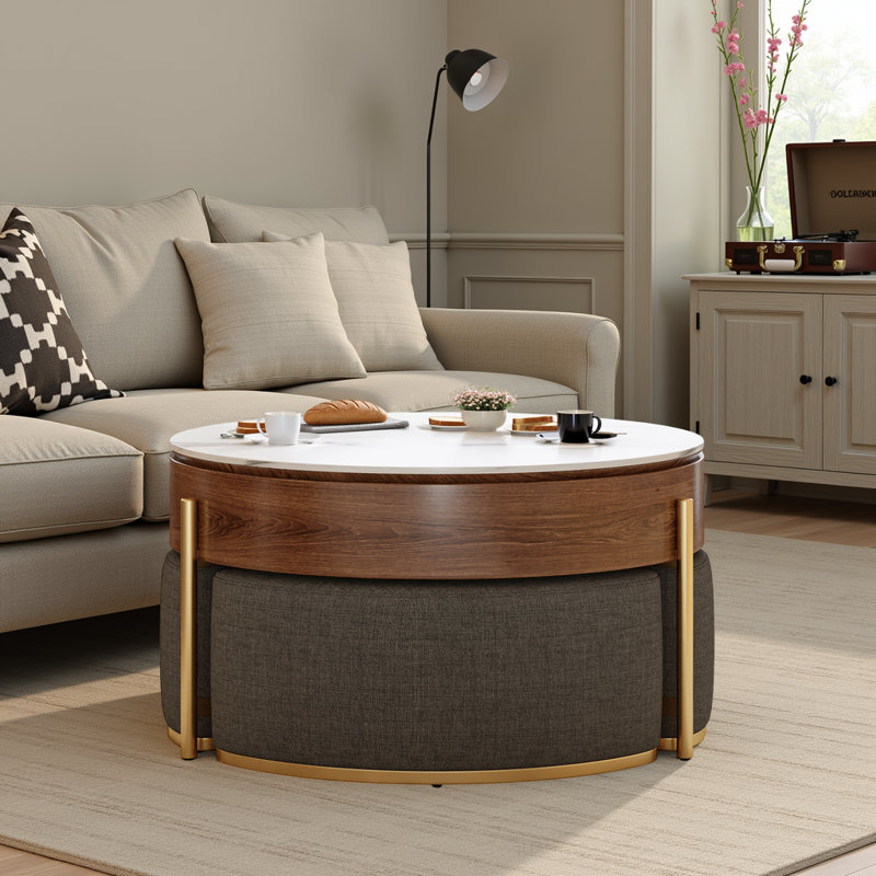 Table basse moderne à plateau relevable avec rangement caché, plateau en placage et en pierre frittée, 3 repose-pieds gigognes rembourrés, conception peu encombrante