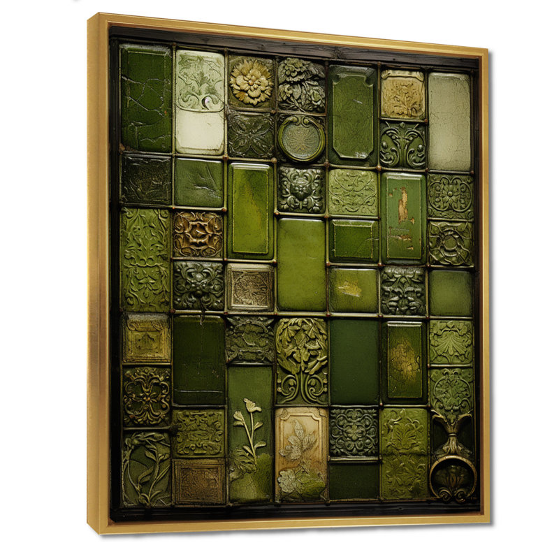 Green Stones Tiles I - Art mural abstrait, Cadre flottant doré, H 32 po x l 24 po x P 1 po