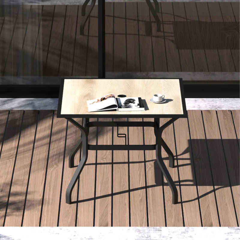 Beige Patio Dining Table With Square Metal Design And Umbrella Hole - Stylish Practical For Outdoor In Garden, Backyard, Porch, Balcony Coating