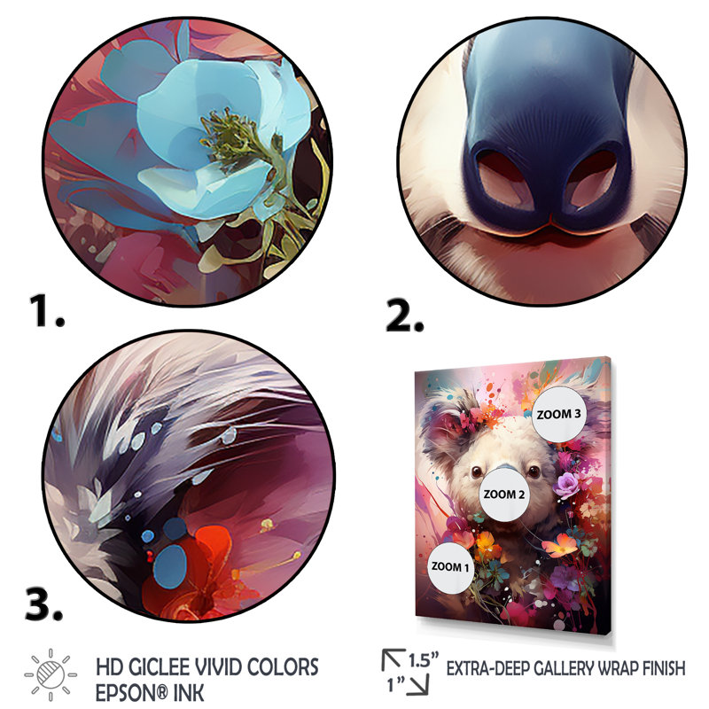 Fleurs colorées Koala Blooms 1 - Koala, art mural animal, Cadre flottant doré, H 32 po x l 16 po x P 1 po