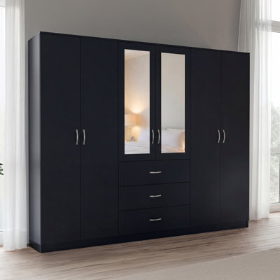 Modern 6 Door 3 Drawer Mirrored Wardrobe with Hanging Rail for Bedroom Storage & Organisation