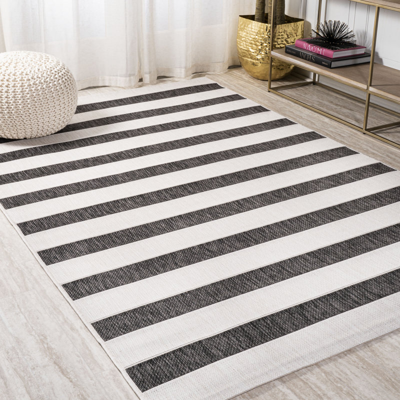 Aveiro Wide Stripe Black/Cream Indoor/Outdoor Rug, Rectangle 6' x 9'