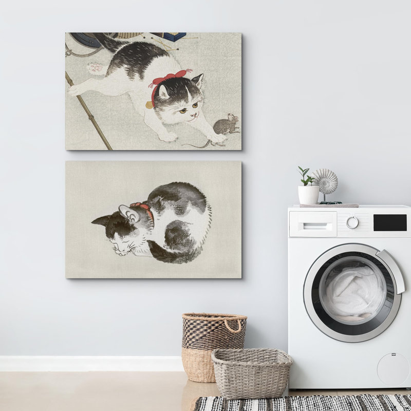 Chats de style japonais se ruant sur les animaux de la souris 2 pièces, Toile tendue, H 24 po x l 36 po
