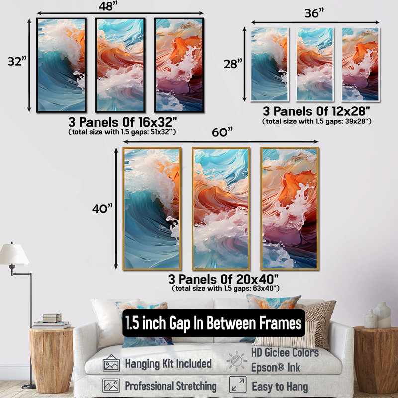 «Beach Waves Fusion I», ensemble d'art sur toile, H 40 po x l 60 po x P 1 po, Cadre flottant blanc
