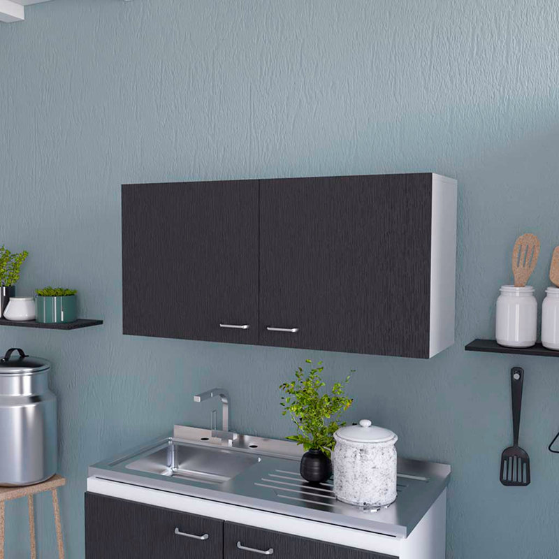 Armoire murale Napoles, deux tablettes, double porte - blanc / gris clair, Noir / blanc