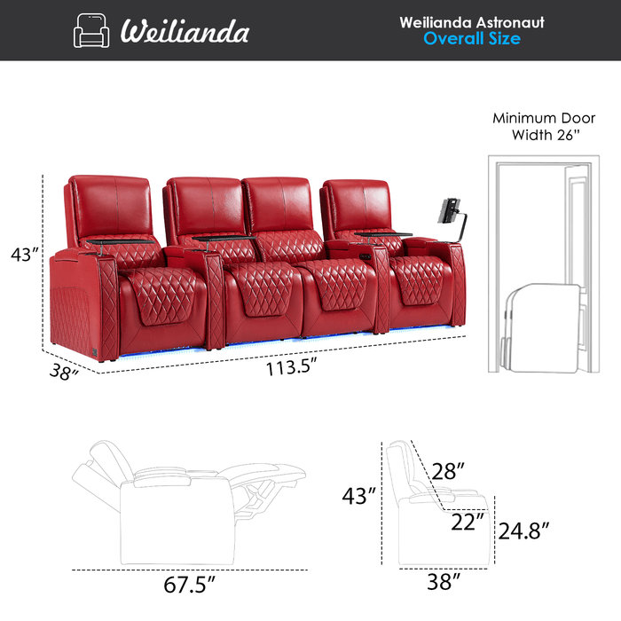 Canapé inclinable électrique Haiylee, Cuir véritable rouge