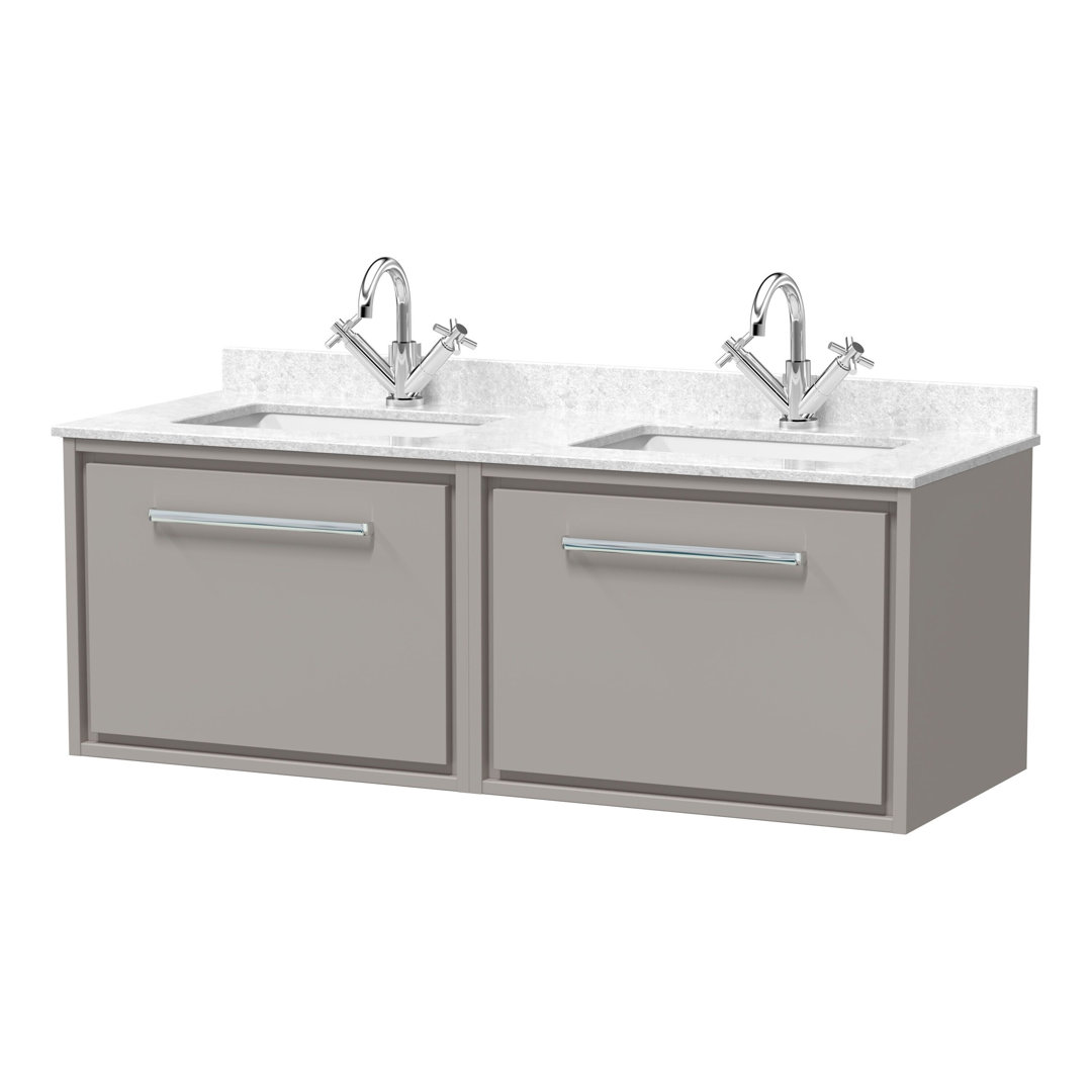Hudson Reed Lille 1200mm Coastal Grey Woodgrain 2 Drawer Wall Hung Vanity With Twin Marble Basin